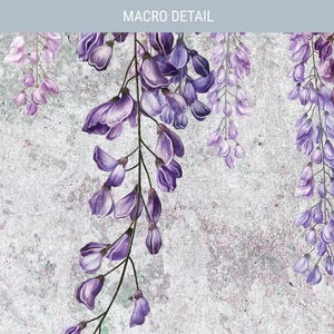May include: A macro detail of hanging wisteria flowers in shades of purple and lavender against a textured, light gray background. The illustration features multiple cascading floral clusters with delicate petals and thin, dark stems.