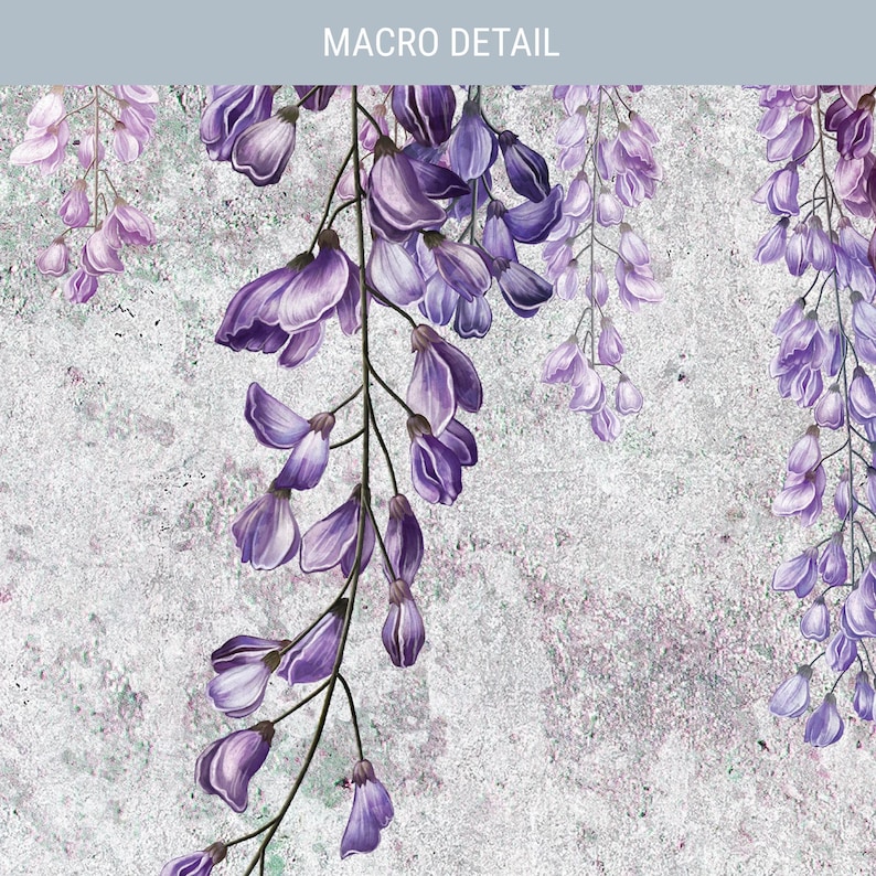 May include: A macro detail of hanging wisteria flowers in shades of purple and lavender against a textured, light gray background. The illustration features multiple cascading floral clusters with delicate petals and thin, dark stems.