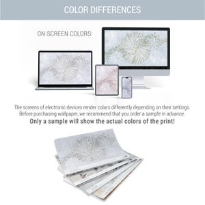 May include: A graphic showing color differences between digital screens and physical wallpaper samples. It features a laptop, tablet, smartphone, and desktop monitor displaying a floral pattern, with a stack of printed wallpaper samples below.