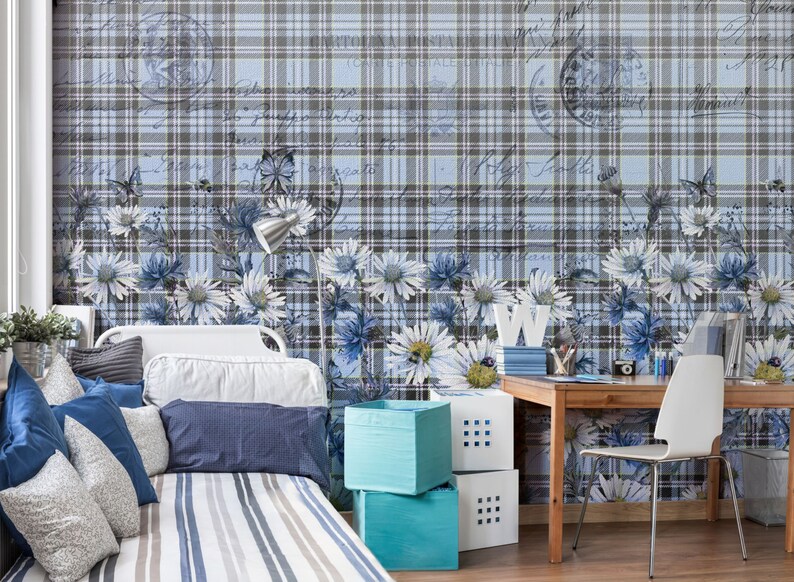 Summertime Vintage Mural Safety/&Eco Textured Vinyl Wallpaper on non-woven base Removable Blue Flowers Washable Bloom Wallpaper