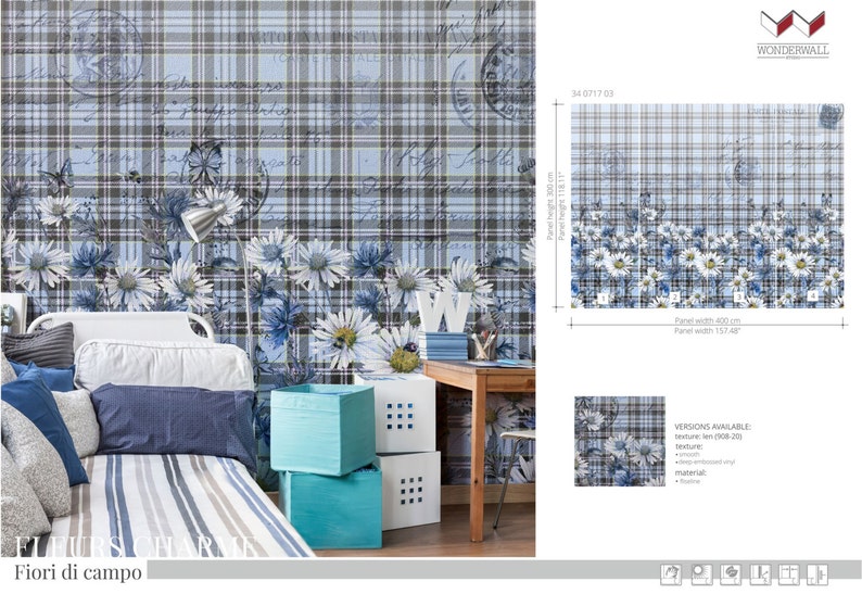 Summertime Vintage Mural Safety/&Eco Textured Vinyl Wallpaper on non-woven base Removable Blue Flowers Washable Bloom Wallpaper