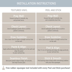 May include: An installation instruction chart for textured vinyl and peel and stick wallpaper. The chart features two columns with steps including prep wall, check layout, draw guideline, paste and align, or peel and align, and seamless finish or stick and smooth.