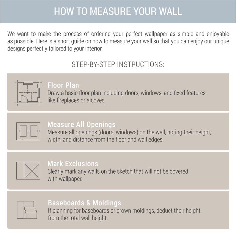 May include: An instructional infographic titled HOW TO MEASURE YOUR WALL with a guide for wallpaper installation. It features four steps: Floor Plan, Measure All Openings, Mark Exclusions, and Baseboards & Moldings, each with a line art icon.