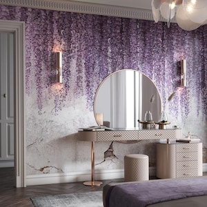 Wisteria Floral Wallpaper Mural, Purple Botanical Wall Art, Custom Size Peel and Stick image 1
