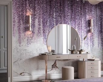 Wisteria Floral Wallpaper Mural, Purple Botanical Wall Art, Custom Size Peel and Stick