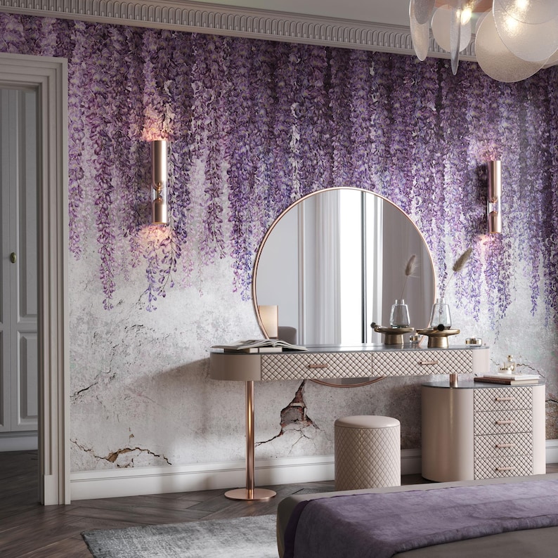 Wisteria Floral Wallpaper Mural, Purple Botanical Wall Art, Custom Size Peel and Stick image 1