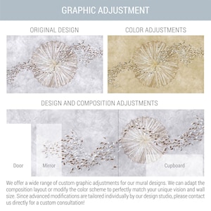 May include: A graphic adjustment guide for mural designs featuring an original gray design, a gold color variation, and a composition layout showing door, mirror, and cupboard placements. The text includes headers for graphic adjustment, original design, color adjustments, and design and composition adjustments.