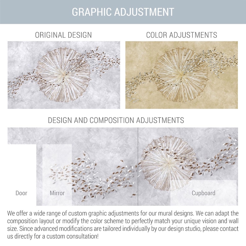 May include: A graphic adjustment guide for mural designs featuring an original gray design, a gold color variation, and a composition layout showing door, mirror, and cupboard placements. The text includes headers for graphic adjustment, original design, color adjustments, and design and composition adjustments.