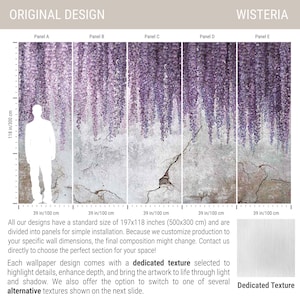 May include: A wall mural titled Wisteria featuring five panels of hanging purple wisteria flowers over a cracked, weathered gray concrete wall. The total dimensions are 197 by 118 inches, with each panel measuring 39 by 118 inches.