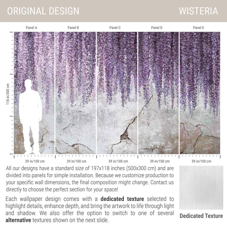May include: A wall mural titled Wisteria featuring five panels of hanging purple wisteria flowers over a cracked, weathered gray concrete wall. The total dimensions are 197 by 118 inches, with each panel measuring 39 by 118 inches.