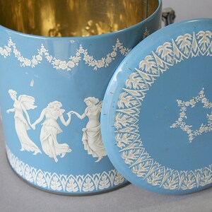 Powder Blue Metal Vintage Tin. Made in England. Greek Jeanette "Hellenic" style. Wedgewood style pattern. Jasperware style.