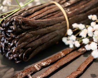 May include: A bundle of dried vanilla beans tied together with a rubber band. The beans are dark brown and have a glossy finish. The beans are surrounded by white flowers.
