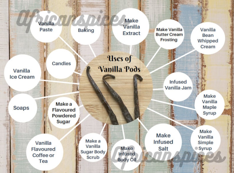 May include: A diagram showing various uses for vanilla pods. The center of the diagram shows three vanilla pods on a wooden surface. The diagram is surrounded by white circles with text describing different uses for vanilla pods, such as vanilla extract, vanilla ice cream, vanilla bean whipped cream, vanilla infused jam, vanilla maple syrup, vanilla simple syrup, vanilla flavored coffee or tea, vanilla flavored powdered sugar, vanilla sugar body scrub, vanilla infused body oil, vanilla infused salt, make vanilla butter cream frosting, and vanilla paste.