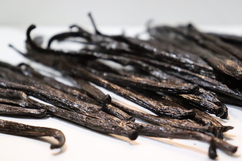 May include: A close-up of a group of dried vanilla beans. The beans are dark brown and have a shiny, slightly oily surface. They are arranged in a random pattern, with some beans overlapping others.