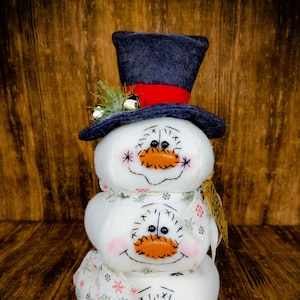 Pu&ograve; includere: Un pupazzo di neve a tre livelli fatto di tessuto bianco con un cappello a cilindro blu e una fascia rossa. Ogni livello ha un viso cucito con occhi neri, un naso arancione e un sorriso cucito. Il pupazzo di neve &egrave; decorato con un tessuto bianco e verde con motivi a fiocco di neve.