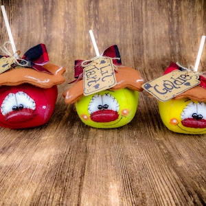 May include: Three handmade felt apples with cute faces and brown felt hats. The apples are red, yellow, and green. Each apple has a brown tag with a different name: Big Red, Lil' Tart, and Goldie.