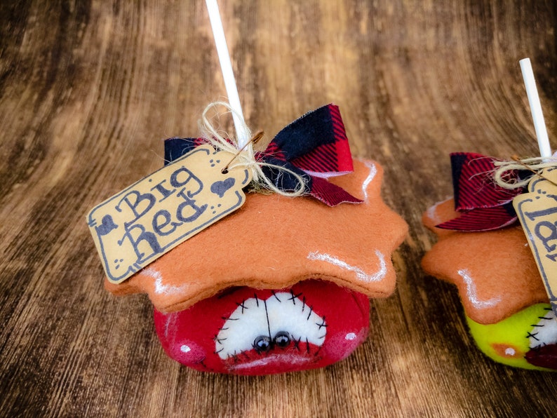 May include: Two felt ornaments shaped like houses with a red and black checked bow and a brown tag. The tag on the left ornament says "Big Red".