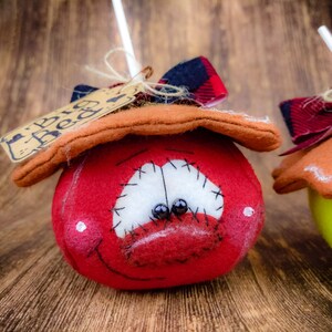 May include: Two handmade felt apple decorations with stitched faces and plaid bows. The red apple has a tag that says "Big Red".
