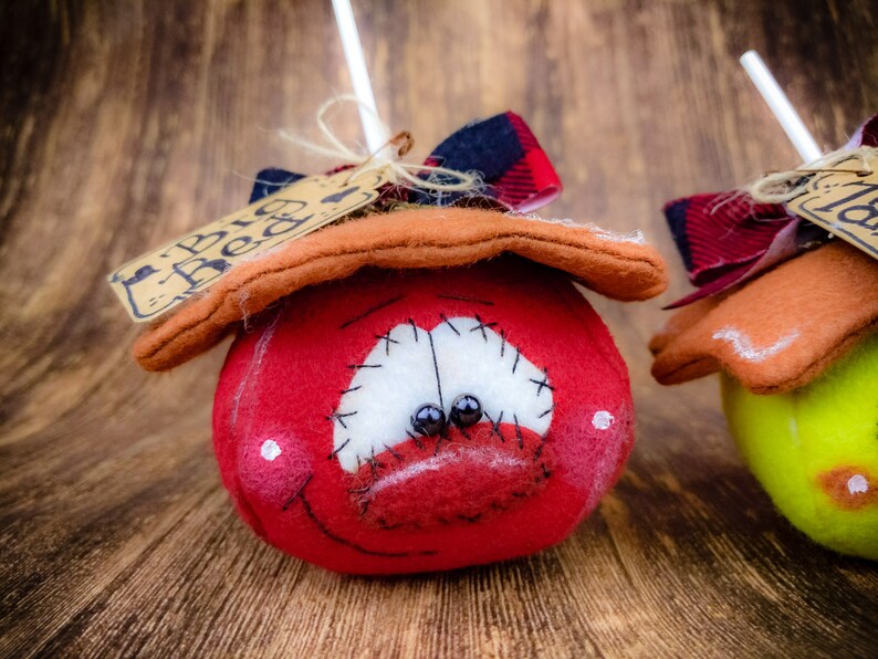 May include: Two handmade felt apple decorations with stitched faces and plaid bows. The red apple has a tag that says "Big Red".