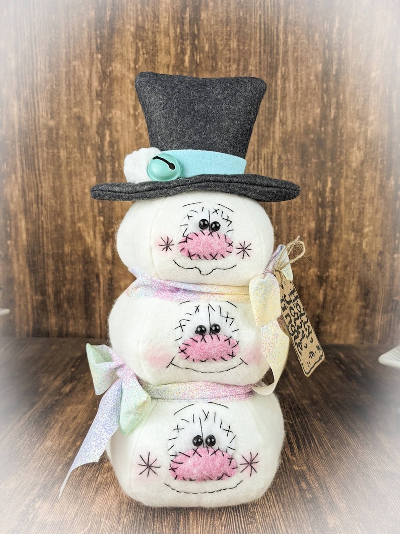 Pu&ograve; includere: Un pupazzo di neve a tre livelli con un cappello a cilindro nero, una campana blu e un naso rosa. Ogni livello ha un viso cucito con occhi neri e una bocca rosa. Il pupazzo di neve tiene un'etichetta che dice "Buon Natale".