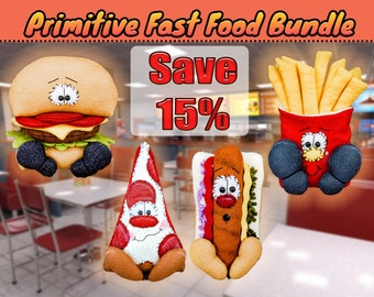 Fastfood Primitive Bundle - Handmade Felt - Faux French Fries - Burger- Hot Dog- Pizza - Wreath Attachment - Centerpiece - Tiered Tray Dolls
