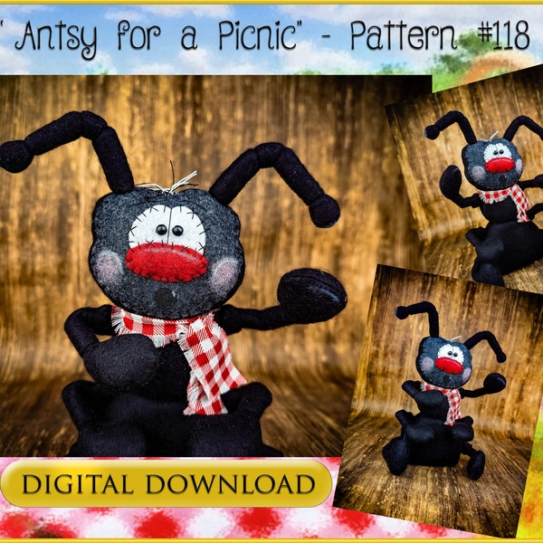 E-pattern - Ant Primitive Doll - Digital Download Sewing Pattern - Picnic Buddy - Felt Ant - Tiered Tray - Food Photography Prop