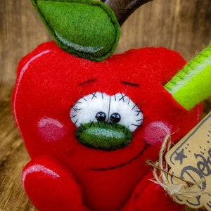 May include: A red felt apple with a green felt leaf and stem, a green felt pencil sticking out of the side, and a brown tag with the word "Delic" on it.