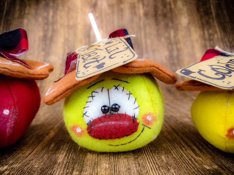 May include: Three handmade plush ornaments shaped like apples with stitched details. Each apple has a different colour and a tag with a different word on it. The words are "Fall", "Joy", and "Gather".