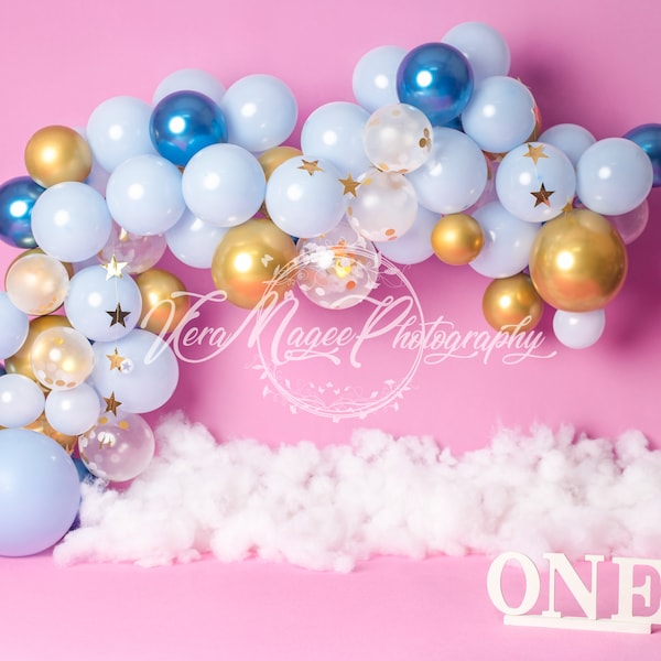 SALE Digital Smash Cake Background Party Backdrop First Birthday Blue Gold Balloons Stars Arch Pink Barbie Doll Milestone Photo