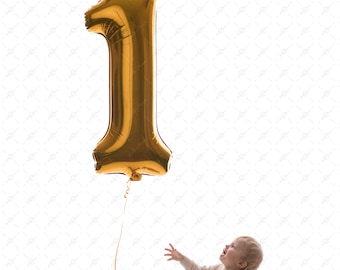 Digital Backdrop First Birthday Number One Gold Balloon White Background Smash Cake Backlit Birthday One Years Old Photo Session