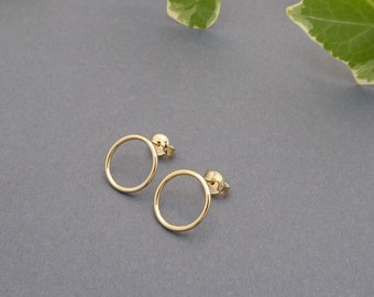 14 karat yellow gold plated stud earrings-Open circle studs-Round earrings-Minimalist-Handmade-Small post earrings-Unisex gift   (529o)