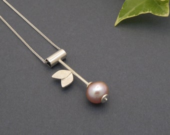Sterling silver necklace-Pink freshwater pearl-Handmade-Minimalist-Inspired by nature-Fine jewelry-June birthstone-Gift for mom
