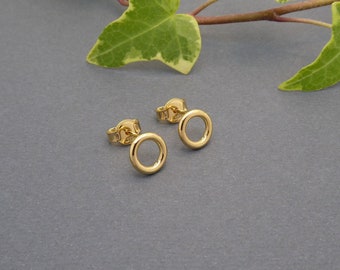 14 karat yellow gold plated stud earrings-Open circle studs-Round earrings-Minimalist-Handmade-Small post earrings-Unisex gift   (546o)