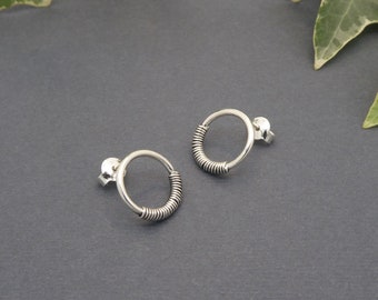 Sterling silver earrings-Open circle with silver detail post earrings-Minimalist-Handmade-Contemporary-Sisters gift-Mothers gift   (247)