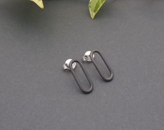Silver oval earring-Oxidized silver stud earrings-Minimalist-Handmade-Lightweight post earrings-Black jewelry-For Office-Gift for her (550n)