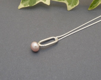 Sterling silver necklace-Pink freshwater pearl-Minimalist jewelry-Handmade-Contemporary-Delicate necklace-June anniversary gifts-For her