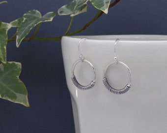 Silver dangle earrings-Sterling silver earwire-Open circle with silver detail drop earrings-Minimalist-Handmade-Mothers gift   (248)