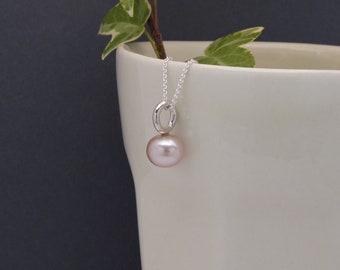 Silver necklace-Pearl necklace-Pink freshwater pearl-Minimalist-Handmade jewelry-Contemporary-Sterling silver pendant-Mothers day   (646)