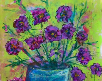 Purple Flowers in Vase Abstract Fauvism Still Life 18x24" on paper original acrylic painting lime green turquoise purple vibrant cheerful