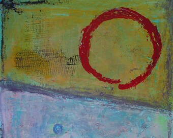 Red Enso Painting Original Yellow Ochre and Turquoise with textured areas, black, Asian style, Zen Art Weathered Style Wabi Sabi Style 18x24