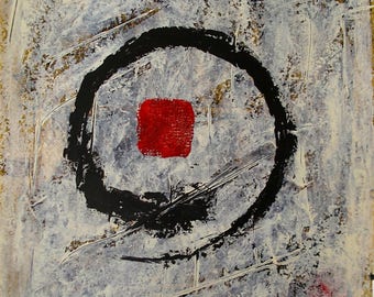 Enso Abstract Original acrylic Painting Wabi Sabi Textured Art Rust Red Black Neutrals Mindful Simplify Asian Symbolism Zen Buddhism Yoga