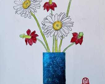 Mexican Hat flower and Shasta Daisy Original Painting with Blue Metallic Vase