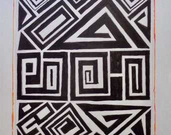 Santa Fe Pottery Inspired Original black and white small painting geometric shapes patterns triangles rectangles 12x9" on paper Handmade art