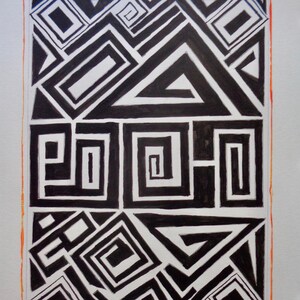 May include: Abstract black and white geometric artwork with a complex pattern of shapes, including squares, rectangles, and triangles. The artwork is signed "Kay MacDonald 2019" with a red stamp. The piece has an orange border.