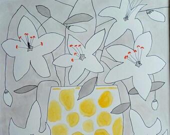 White Lily Painting in Yellow Vase. Fresh, Light and Airy. Pastel colors. Ink. 12x14" on paper ready to frame. Simplicity. Contemporary.