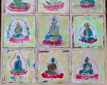 Buddha collage of 9 Original Buddha Paintings 24x24" on thick canvas in Happy Colors Impressionism Zen Mindful Meditation Art Spiritual Art