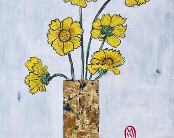 Yellow Coreopsis Original Floral Painting in Gold Metallic Vase