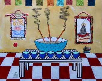 Zen Meditation Room Prayer Flags Incense Bowl 7 Water Bowls Painting-Collage