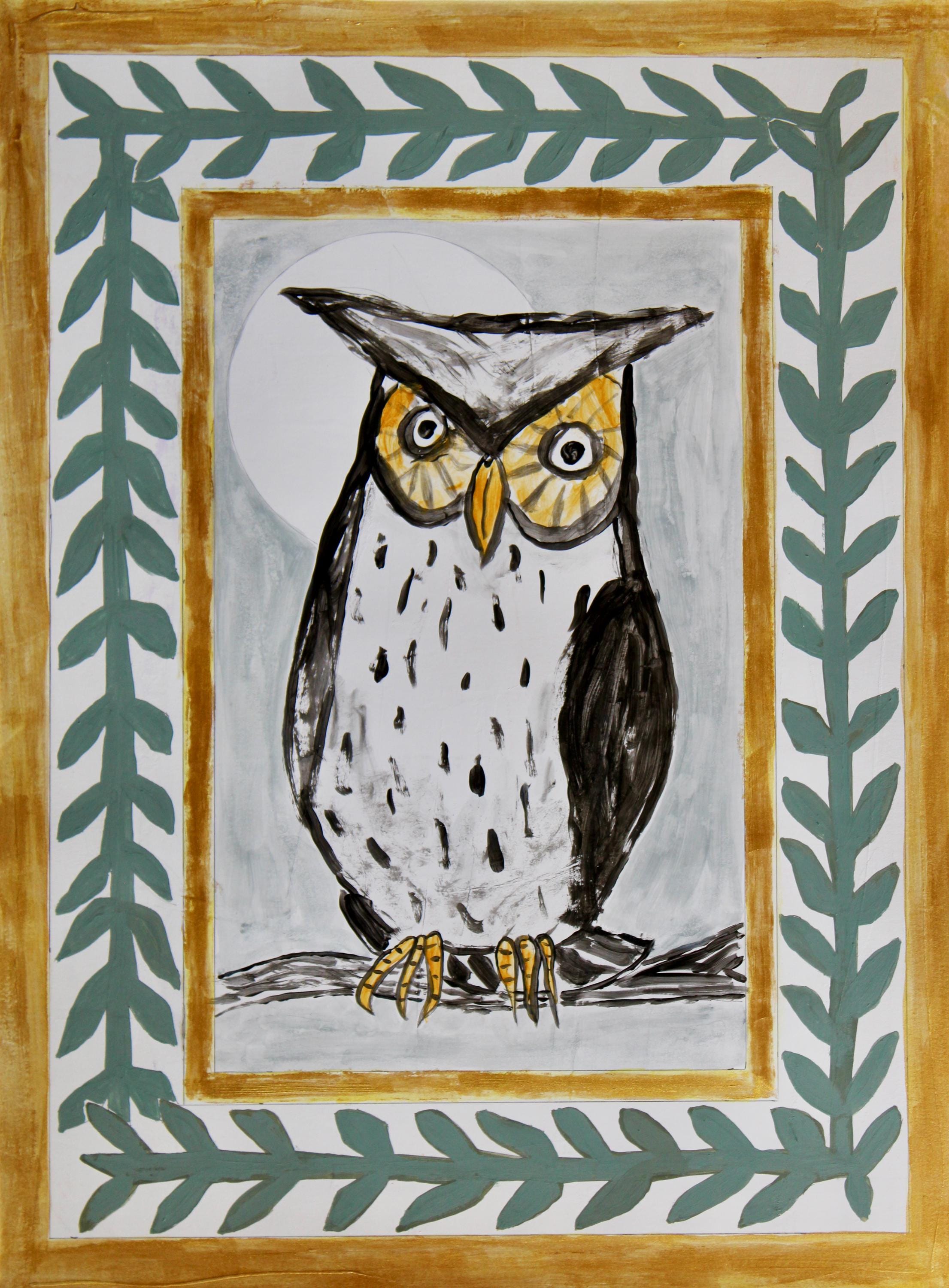 Folk Owl Painting with Gold Metallic Border