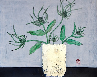 Common Teasel Original Painting in Gold Vase
